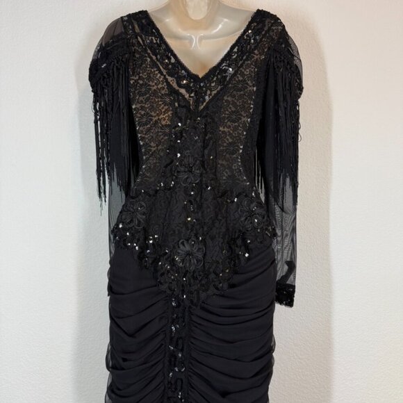Vintage Black Beaded Fringe Gown Lace Ruched Sequin Cocktail Whimsigoth Dress M - Picture 8 of 17